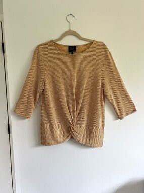 W5 Anthropologie Mustard Yellow White Striped Twist-Front 3/4 Sleeve Top